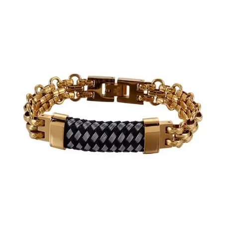 Brazalete de acero inoxidable con acabado dorado y frontal negro, eslabones anchos y cierre de presión.