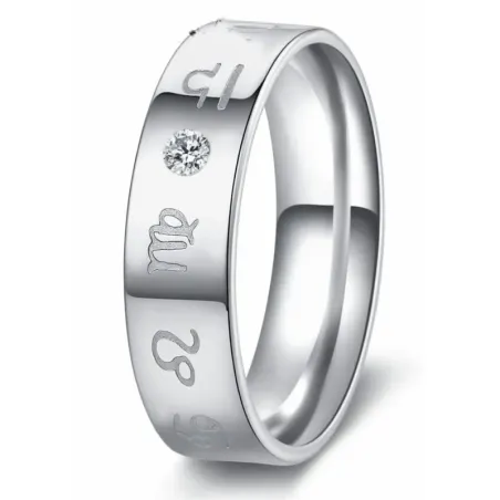 Anillo de acero inoxidable con grabado rúnico y piedra circonia en el centro