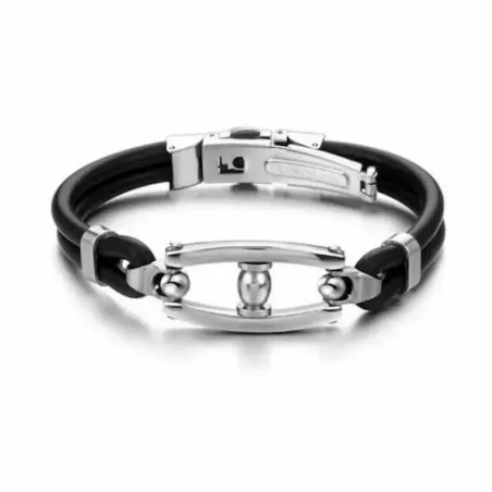 Pulsera negra de goma con pieza central de acero inoxidable brillante