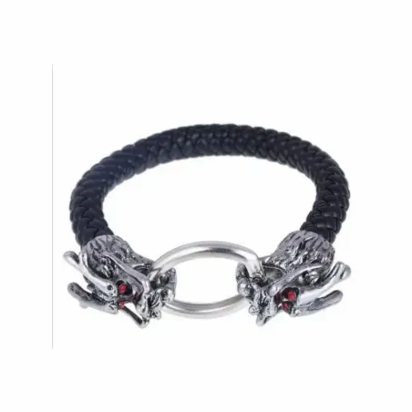 Brazalete de cuero trenzado con una cabeza de dragón de metal envejecido en el extremo.